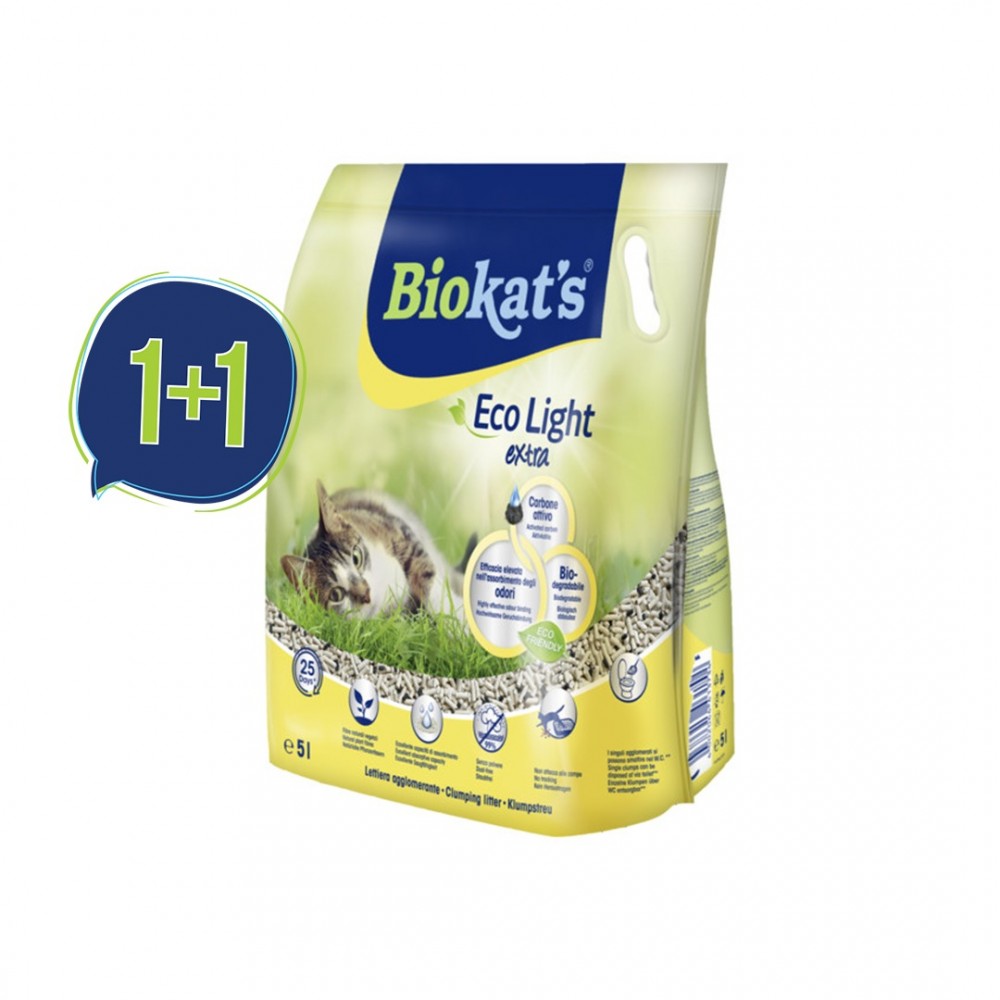 Biokat's Eco Light Extra Carbon Tofu Topalanan pişik qumu, aktivləşdirilmiş kömür ilə, 5 L (1+1)