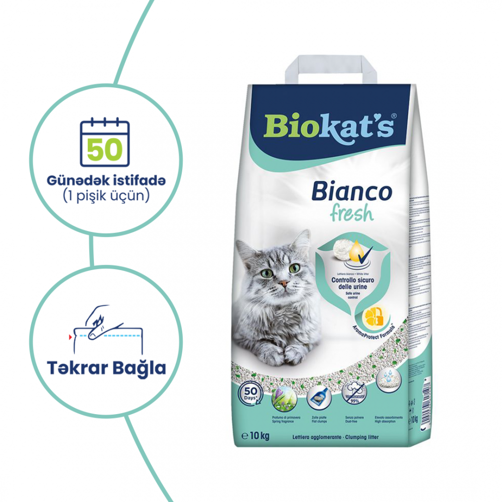 Biokat's Bianco Fresh Topalanan pişik qumu, bahar ətri, 10 L