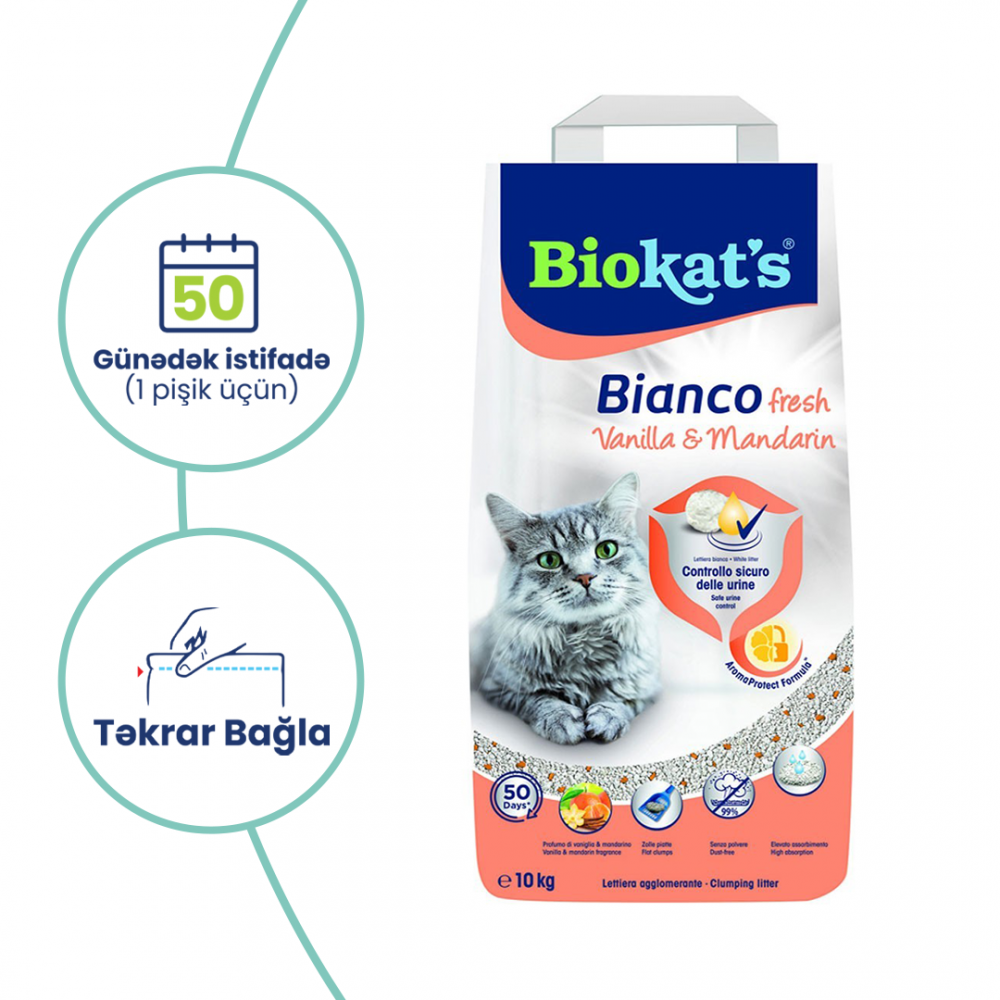Biokat's Bianco Fresh Topalanan pişik qumu, vanil və mandarin ətirli, 10 L 
