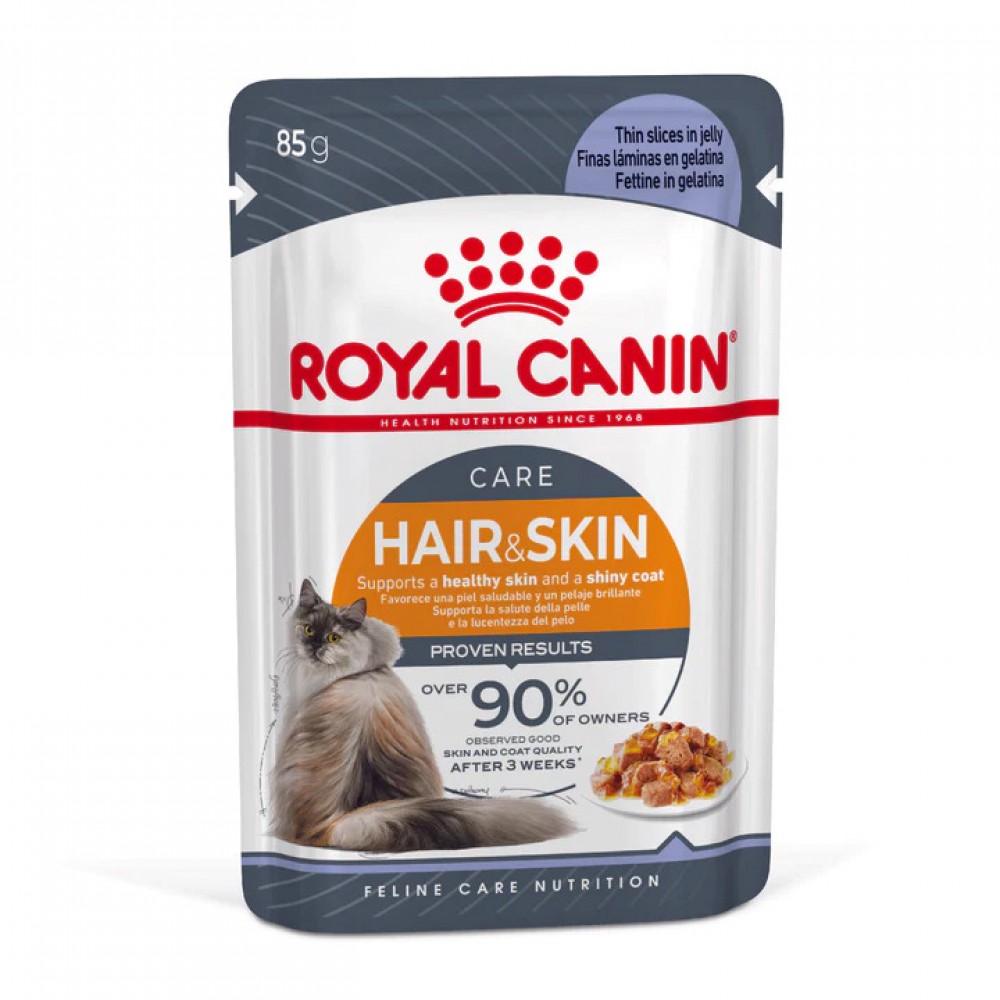 Royal Canin Hair & Skin Care Pişik üçün nəm yem, tük və dəriyə qulluq, jeledə dilimlər, 85 q