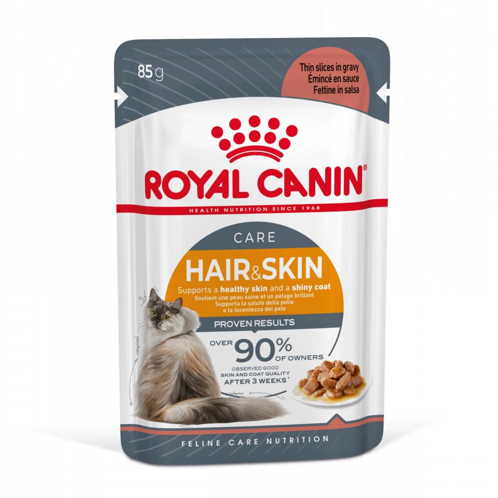 Royal Canin Hair & Skin Care Pişik üçün nəm yem, tük və dəriyə qulluq, sousda dilimlər, 85 q