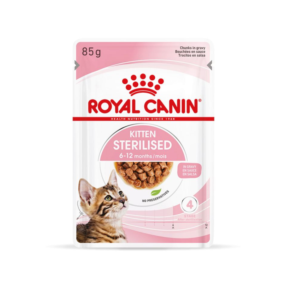 Royal Canin Kitten Sterilised (6-12 ay) Sterilizasiya edilmiş bala pişik üçün nəm yem, sousda dilimlər, 85 q